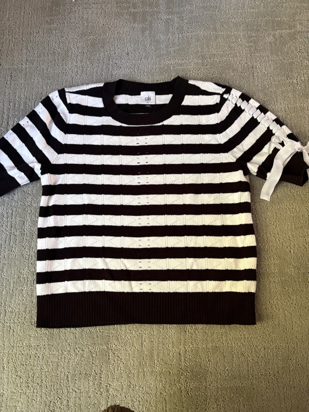 CAbi Black and White Striped Short Sleeve Crew Sweater with Side Tie